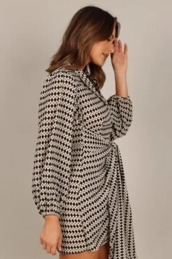 Abbie Wrap Long Sleeve Mini Dress - Black/White -Fashion Dress petal and pup usa dresses abbie wrap long sleeve mini dress black white 33288962375857