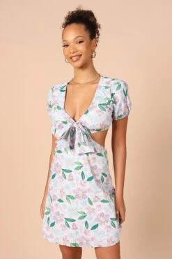 Adanna Tie Front Mini Dress - Blue Floral
