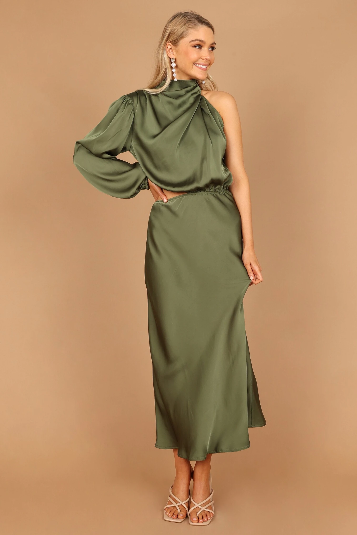 Amelie One Shoulder Midi Dress - Olive 10 Amelie One Shoulder Midi Dress - Olive - Image 8