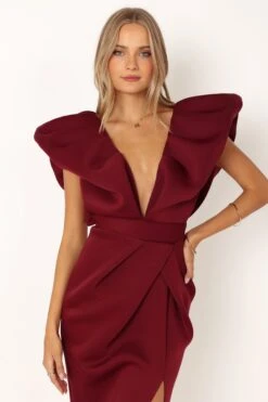Augie Frill Shoulder Maxi Dress - Burgundy -Fashion Dress petal and pup usa dresses augie frill shoulder maxi dress burgundy 33951036932273