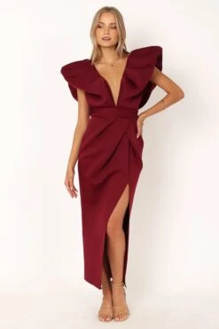 Augie Frill Shoulder Maxi Dress - Burgundy -Fashion Dress petal and pup usa dresses augie frill shoulder maxi dress burgundy 33951036965041