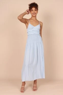 Bell Shirred Midi Dress - Blue -Fashion Dress petal and pup usa dresses bell shirred midi dress blue 32264707244209