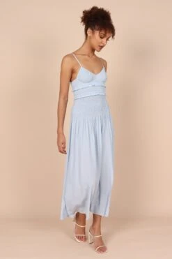 Bell Shirred Midi Dress - Blue -Fashion Dress petal and pup usa dresses bell shirred midi dress blue 32264707309745