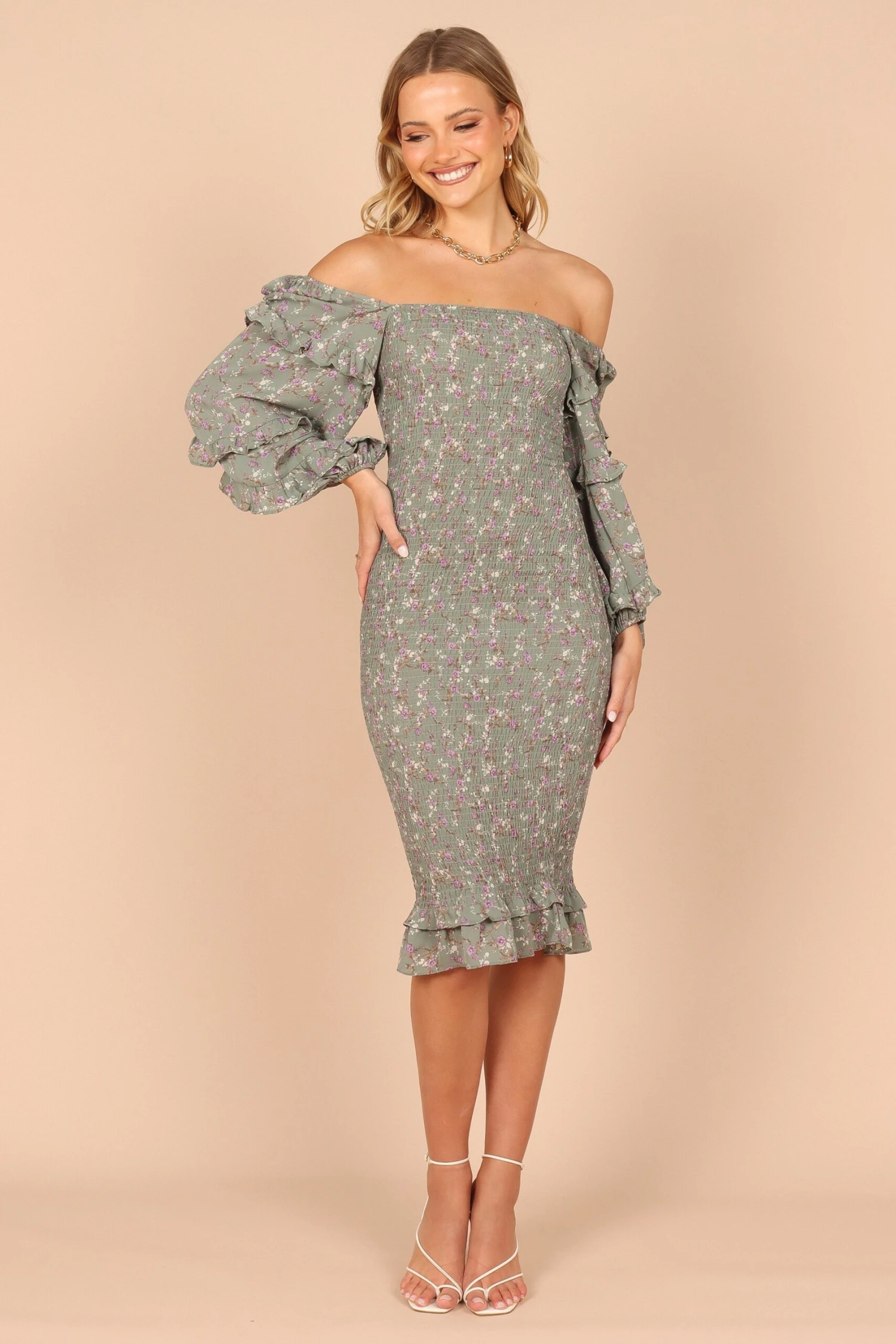 Bonita Shirred Frill Long Sleeve Bodycon Midi Dress - Sage Floral 9 Bonita Shirred Frill Long Sleeve Bodycon Midi Dress - Sage Floral - Image 7