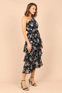 Brigette One Shoulder Tiered Midi Dress - Black Floral -Fashion Dress petal and pup usa dresses brigette one shoulder tiered maxi dress black floral 32380558278833