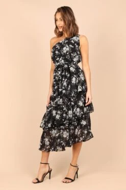 Brigette One Shoulder Tiered Midi Dress - Black Floral -Fashion Dress petal and pup usa dresses brigette one shoulder tiered maxi dress black floral 32380558344369