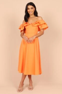 Cabo Frill Sleeve Midi Dress - Orange
