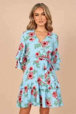 Cassatt Wrap Mini Dress - Blue Floral -Fashion Dress petal and pup usa dresses cassatt wrap mini dress blue floral 32265142829233