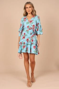 Cassatt Wrap Mini Dress - Blue Floral -Fashion Dress petal and pup usa dresses cassatt wrap mini dress blue floral 32265142927537