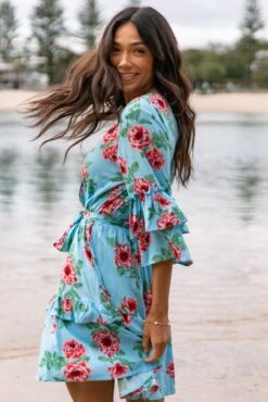 Cassatt Wrap Mini Dress - Blue Floral -Fashion Dress petal and pup usa dresses cassatt wrap mini dress blue floral 32269596295345