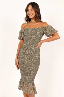 Claire Shirred Bodycon Off Shoulder Midi Dress - Green Floral