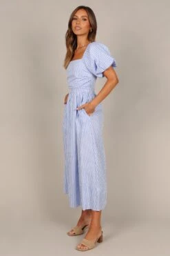 Clo Puff Sleeve Midi Dress - Blue Stripe -Fashion Dress petal and pup usa dresses clo puff sleeve maxi dress blue stripe 33487848145073