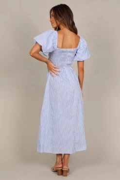 Clo Puff Sleeve Midi Dress - Blue Stripe -Fashion Dress petal and pup usa dresses clo puff sleeve maxi dress blue stripe 33487848177841