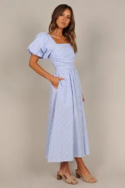 Clo Puff Sleeve Midi Dress - Blue Stripe -Fashion Dress petal and pup usa dresses clo puff sleeve maxi dress blue stripe 33487848210609