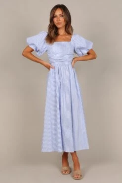 Clo Puff Sleeve Midi Dress - Blue Stripe -Fashion Dress petal and pup usa dresses clo puff sleeve maxi dress blue stripe 33487848243377