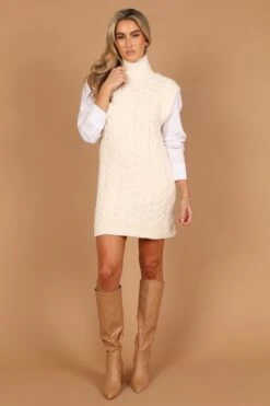 Cozette Turtle Neck Sleeveless Mini Knit Dress - Cream -Fashion Dress petal and pup usa dresses cozette turtle neck sleeveless mini knit dress cream 32627501269169