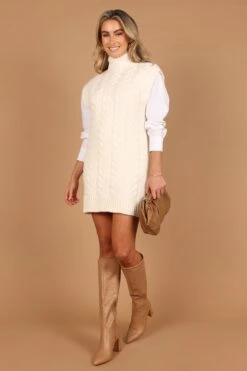 Cozette Turtle Neck Sleeveless Mini Knit Dress - Cream -Fashion Dress petal and pup usa dresses cozette turtle neck sleeveless mini knit dress cream 32627501301937