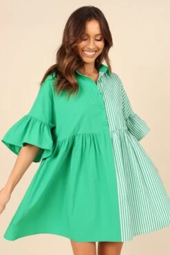 Didi Frill Mini Dress - Green Stripe -Fashion Dress petal and pup usa dresses didi frill mini dress green stripe 32146888196273