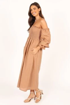 Domenica Shirred Long Sleeve Midi Dress - Tan -Fashion Dress petal and pup usa dresses domenica shirred long sleeve midi dress tan 33553160143025