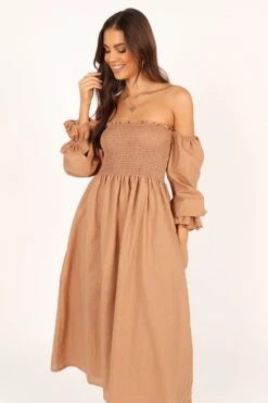 Domenica Shirred Long Sleeve Midi Dress - Tan -Fashion Dress petal and pup usa dresses domenica shirred long sleeve midi dress tan 33553160175793