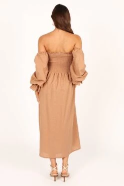 Domenica Shirred Long Sleeve Midi Dress - Tan -Fashion Dress petal and pup usa dresses domenica shirred long sleeve midi dress tan 33553160208561