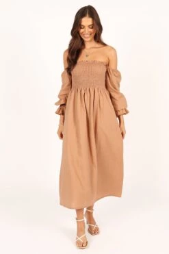 Domenica Shirred Long Sleeve Midi Dress - Tan -Fashion Dress petal and pup usa dresses domenica shirred long sleeve midi dress tan 33553160241329