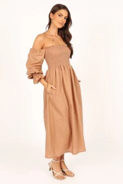 Domenica Shirred Long Sleeve Midi Dress - Tan -Fashion Dress petal and pup usa dresses domenica shirred long sleeve midi dress tan 33553160274097