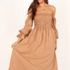Domenica Shirred Long Sleeve Midi Dress - Tan -Fashion Dress petal and pup usa dresses domenica shirred long sleeve midi dress tan 33553160372401