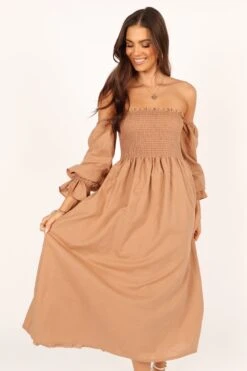 Domenica Shirred Long Sleeve Midi Dress - Tan
