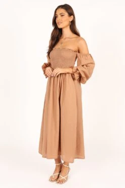 Domenica Shirred Long Sleeve Midi Dress - Tan -Fashion Dress petal and pup usa dresses domenica shirred long sleeve midi dress tan 33553160405169