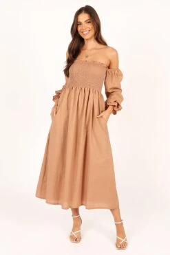 Domenica Shirred Long Sleeve Midi Dress - Tan -Fashion Dress petal and pup usa dresses domenica shirred long sleeve midi dress tan 33553160437937