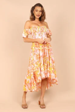 Feliz Off Shoulder Maxi Dress - Coral Floral -Fashion Dress petal and pup usa dresses feliz off shoulder maxi dress coral floral 32747582226609