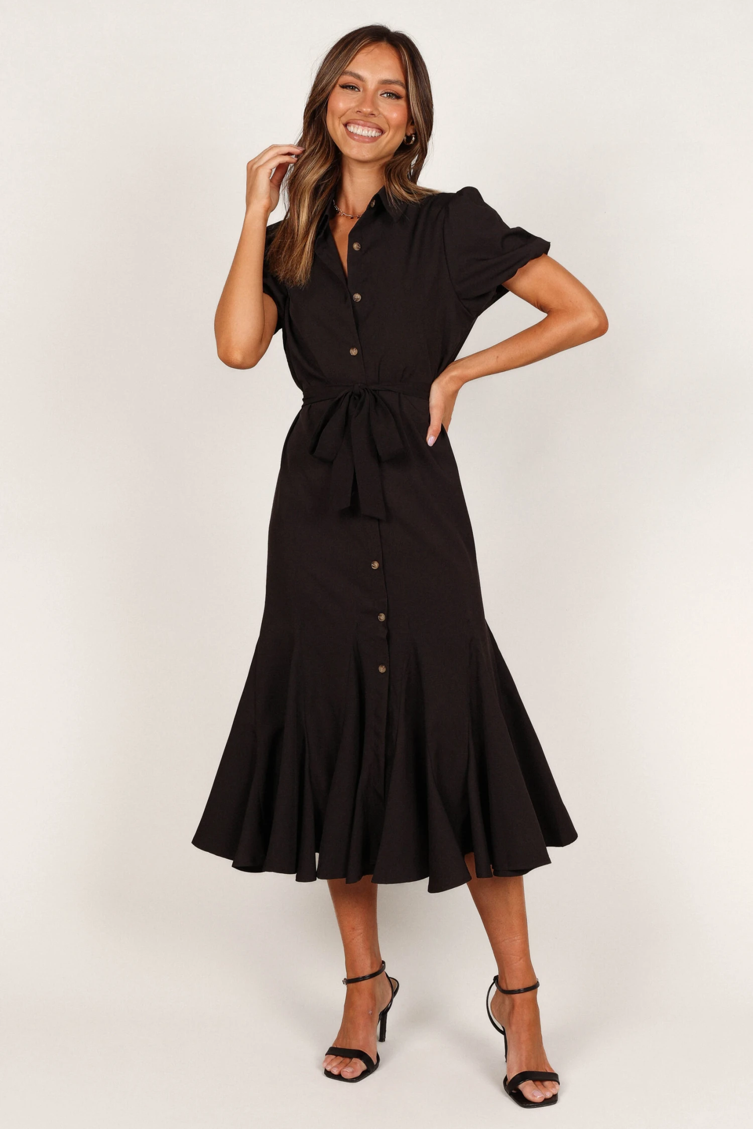 Gabrielle Button Down Midi Dress - Black 3 Gabrielle Button Down Midi Dress - Black