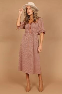 Georgette Puff Sleeve Midi Dress - Brown Check
