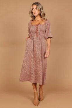 Georgette Puff Sleeve Midi Dress - Brown Check -Fashion Dress petal and pup usa dresses georgette puff sleeve midi dress brown check 32455808450737