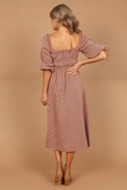 Georgette Puff Sleeve Midi Dress - Brown Check -Fashion Dress petal and pup usa dresses georgette puff sleeve midi dress brown check 32455808483505