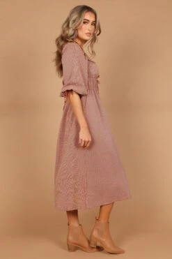 Georgette Puff Sleeve Midi Dress - Brown Check -Fashion Dress petal and pup usa dresses georgette puff sleeve midi dress brown check 32455808516273