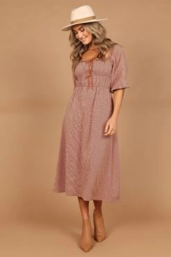 Georgette Puff Sleeve Midi Dress - Brown Check -Fashion Dress petal and pup usa dresses georgette puff sleeve midi dress brown check 32455808581809