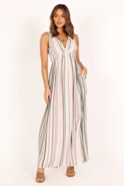 Judd V Neck Maxi Dress - Olive Stripe