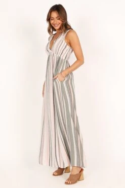 Judd V Neck Maxi Dress - Olive Stripe -Fashion Dress petal and pup usa dresses judd v neck maxi dress olive stripe 33512616001713