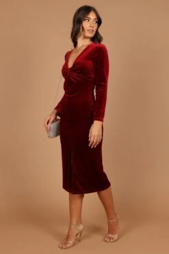 Lisse Twist Front Long Sleeve Velvet Midi Dress - Wine -Fashion Dress petal and pup usa dresses lisse twist front long sleeve velvet midi dress wine 32673824669873