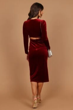Lisse Twist Front Long Sleeve Velvet Midi Dress - Wine -Fashion Dress petal and pup usa dresses lisse twist front long sleeve velvet midi dress wine 32673824735409