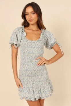 Marabella Shirred Mini Dress - Blue -Fashion Dress petal and pup usa dresses marabella shirred mini dress blue 32066633728177