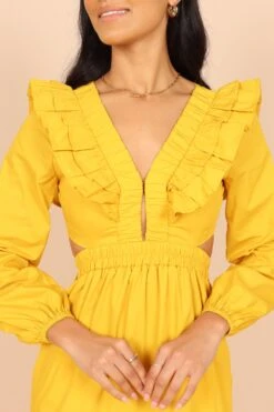 Mariga Long Sleeve Frill Shoulder Midi Dress - Marigold -Fashion Dress petal and pup usa dresses mariga long sleeve frill shoulder maxi dress marigold 32465624694961