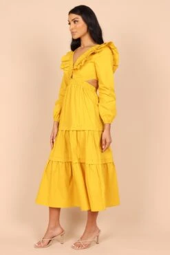 Mariga Long Sleeve Frill Shoulder Midi Dress - Marigold -Fashion Dress petal and pup usa dresses mariga long sleeve frill shoulder maxi dress marigold 32465624760497