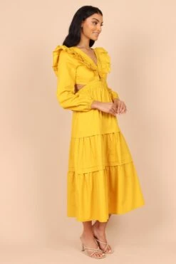 Mariga Long Sleeve Frill Shoulder Midi Dress - Marigold -Fashion Dress petal and pup usa dresses mariga long sleeve frill shoulder maxi dress marigold 32465624793265