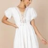 Mayde Tie Up Front Mini Dress - White -Fashion Dress petal and pup usa dresses mayde tie up front mini dress white 32341312012465