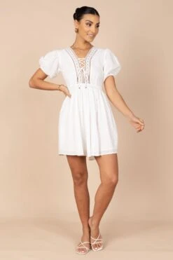 Mayde Tie Up Front Mini Dress - White -Fashion Dress petal and pup usa dresses mayde tie up front mini dress white 32341312110769