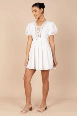 Mayde Tie Up Front Mini Dress - White -Fashion Dress petal and pup usa dresses mayde tie up front mini dress white 32341312143537