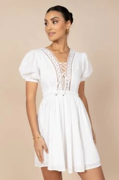 Mayde Tie Up Front Mini Dress - White -Fashion Dress petal and pup usa dresses mayde tie up front mini dress white 32341312176305